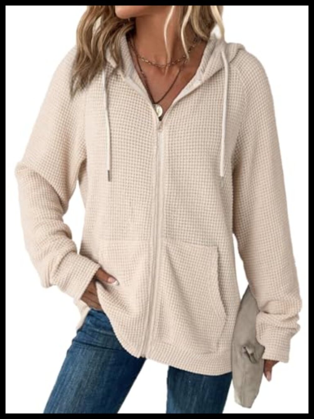 Waffle Knit Full Zip Hoodie Long Sleeve Oversized Sweatshirt